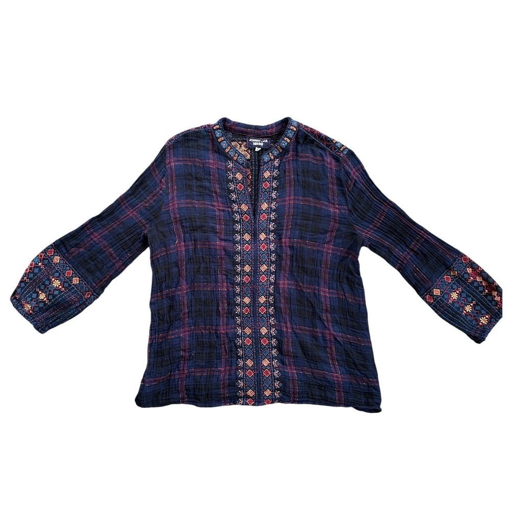 Johnny Was Workshop Embroidered Plaid Blouse Women Medium Navy Blue Excellent